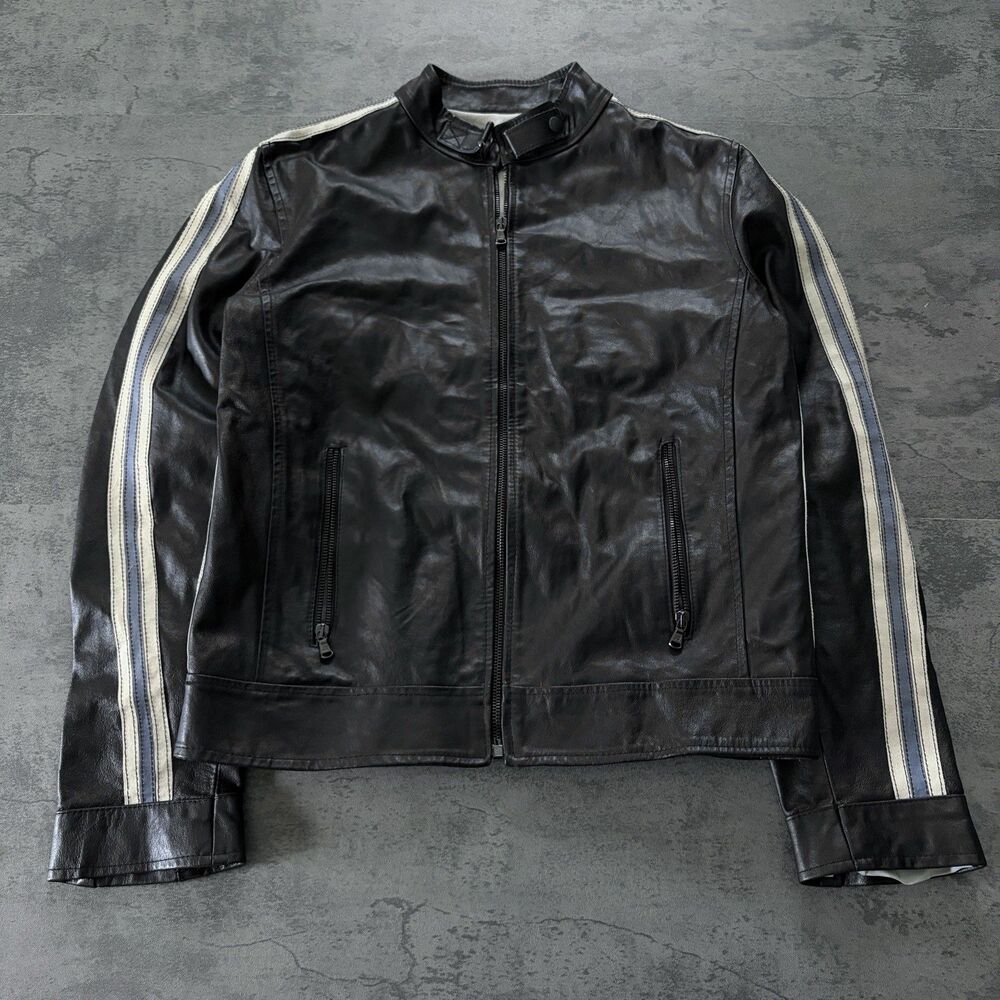 Vintage Y2K Italian Leather Racing Jacket Moto Biker Striped Full Zip. Sz M